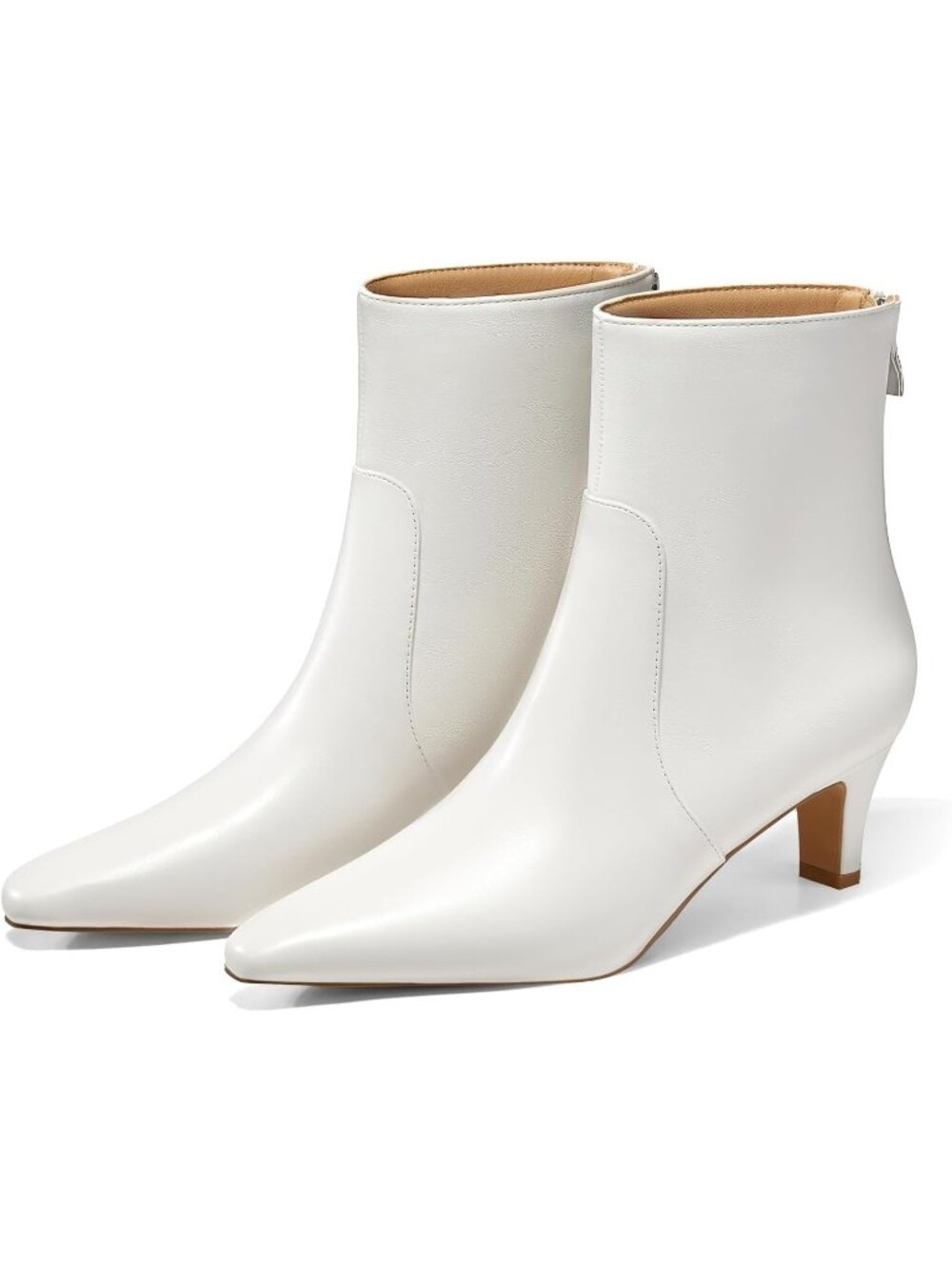 Women's White Square Pointed Toe Zipper Low Kitten Heel Short Ankle Booties